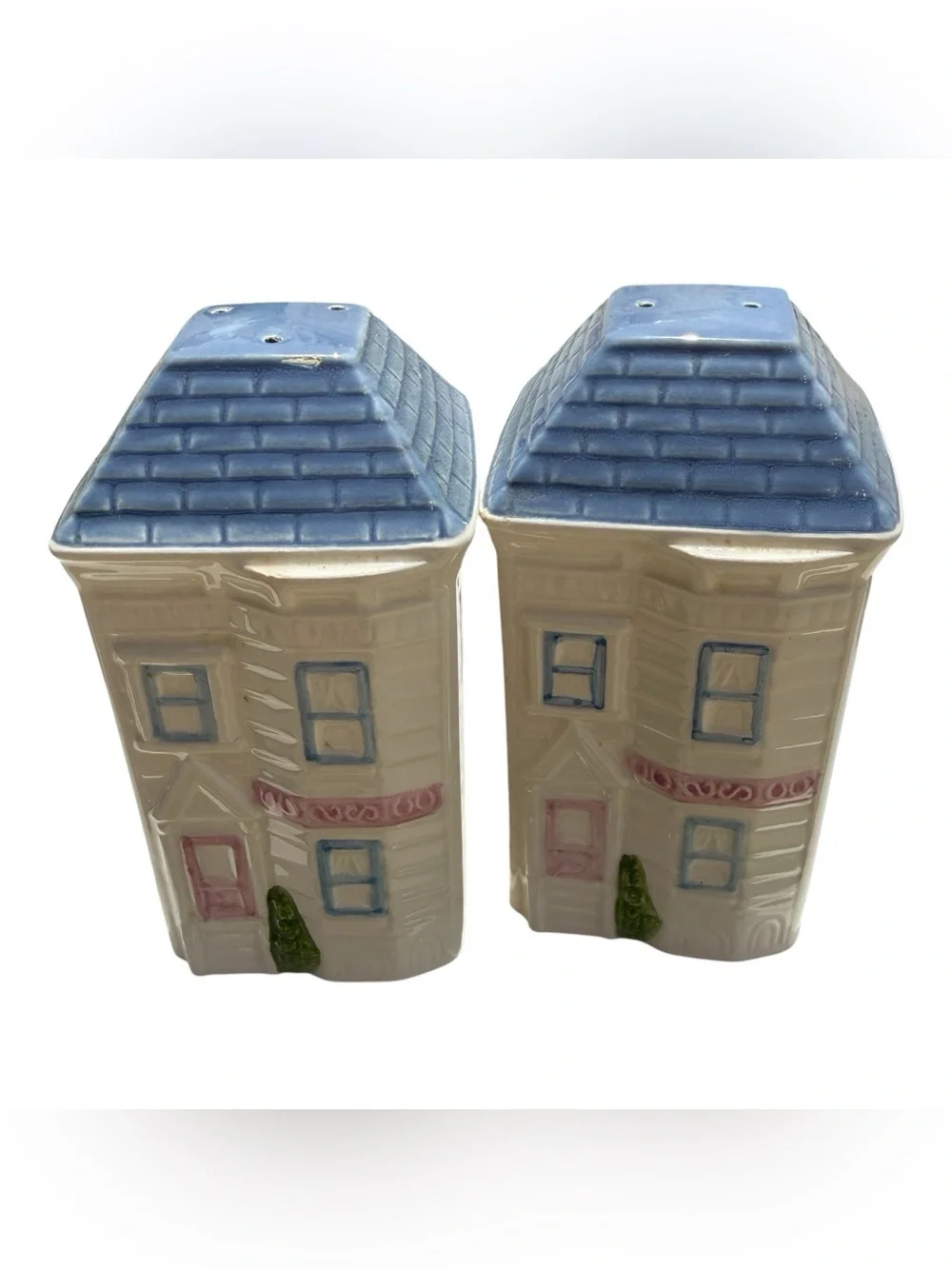 Vintage 1988 Hearth & Home Ceramic House Canister Set Blue Pink 7 Piece Kitchen